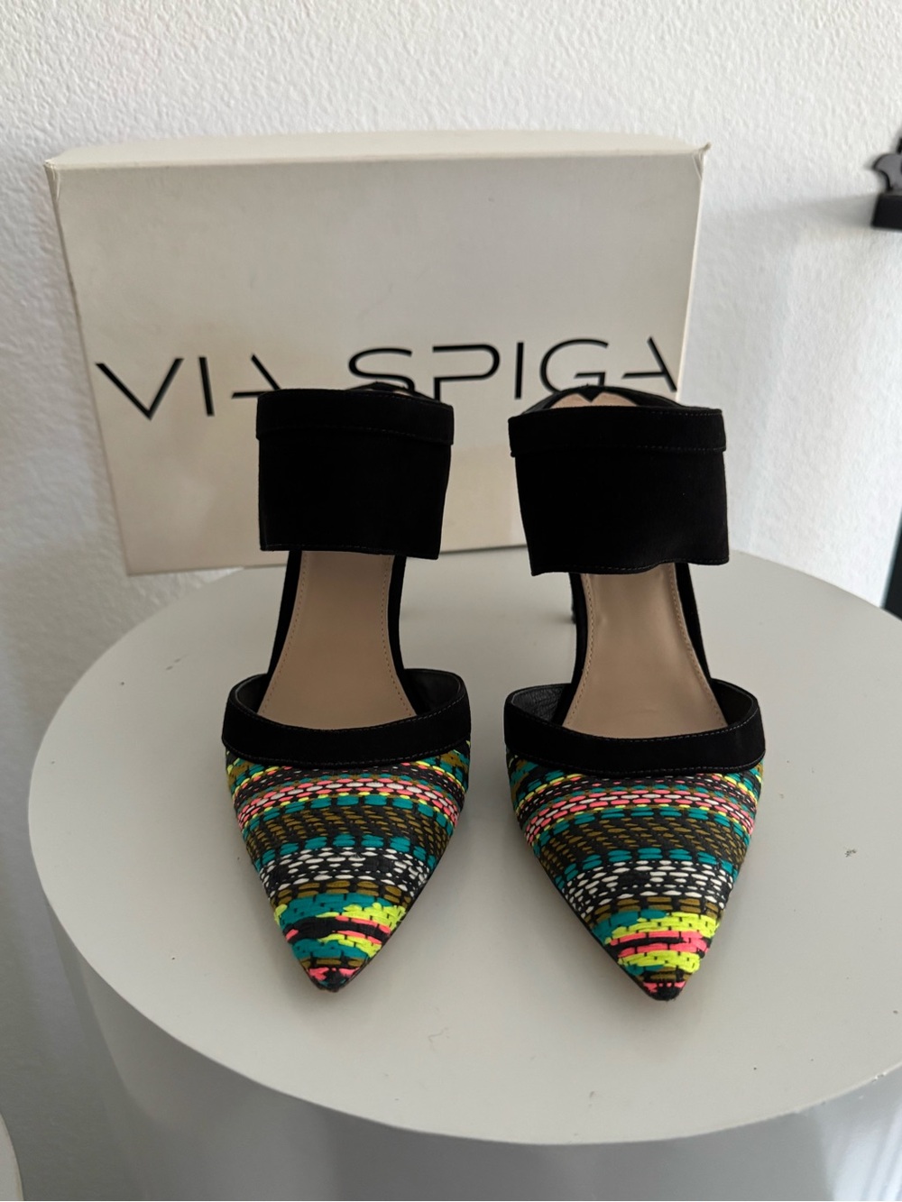 Via Spiga Black Ankle-Strap Pointed Heels with Multicolor Woven Toe
